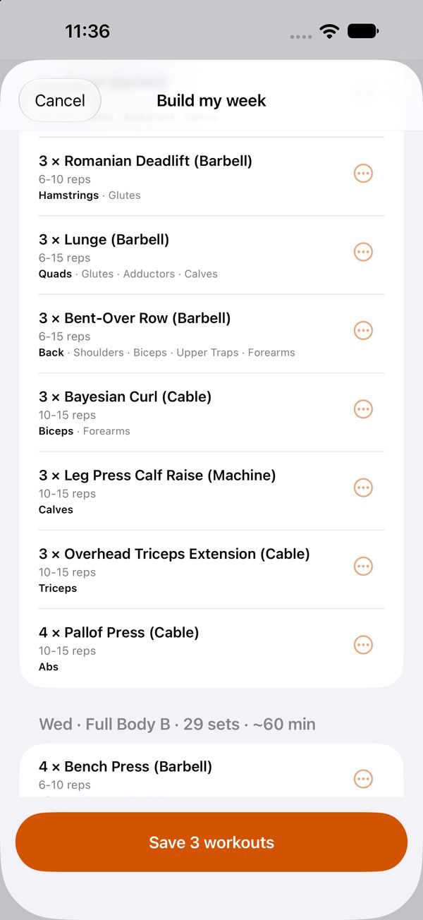 Build my week with the exercises of each day