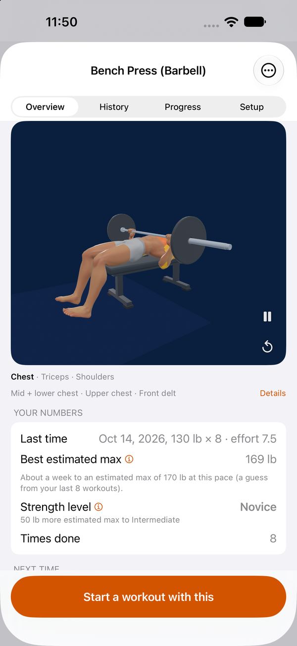 An exercise page with a 3D movement demo and your numbers